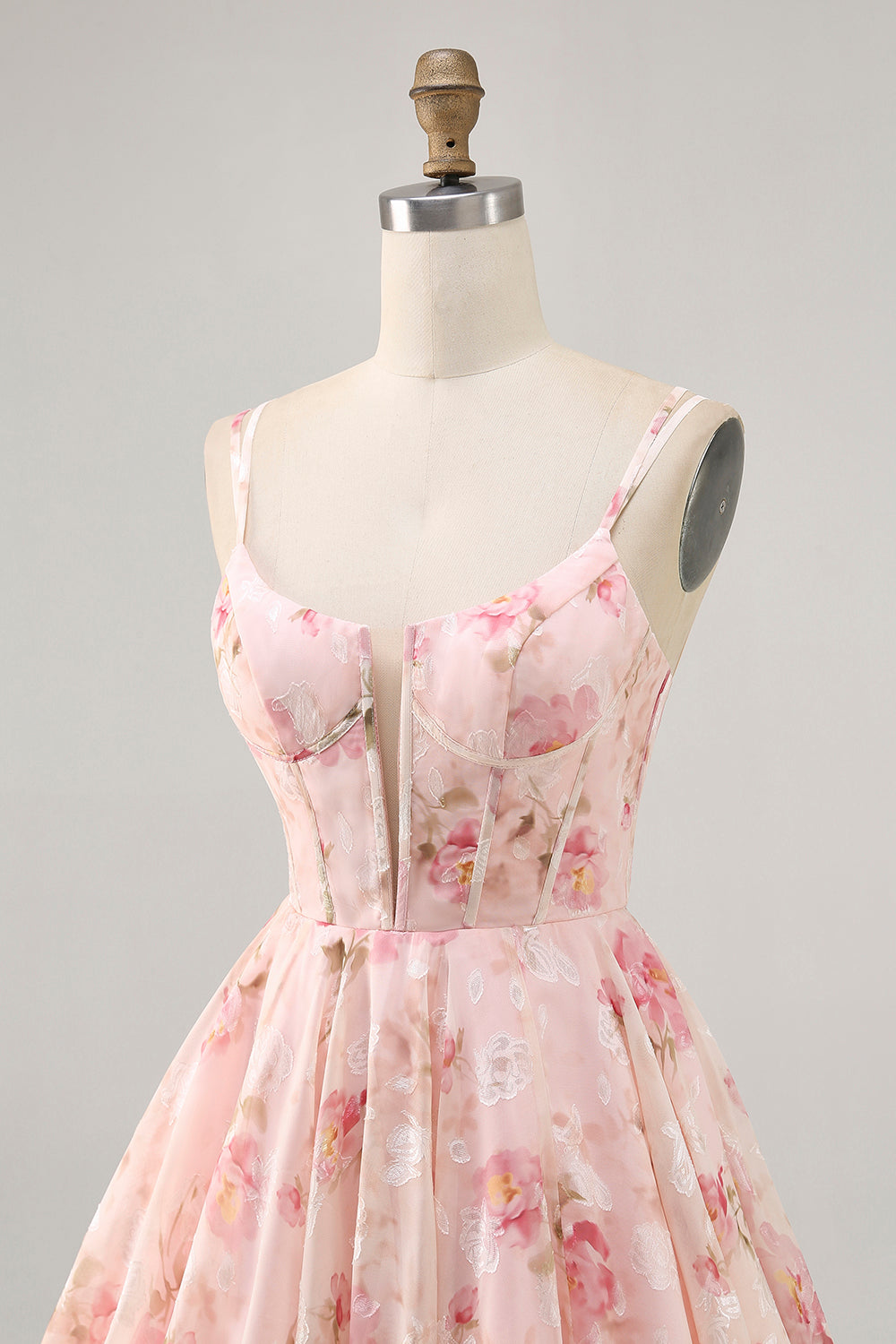 Blush Floral A Line Square Neck Corset Printed Homecoming Dress