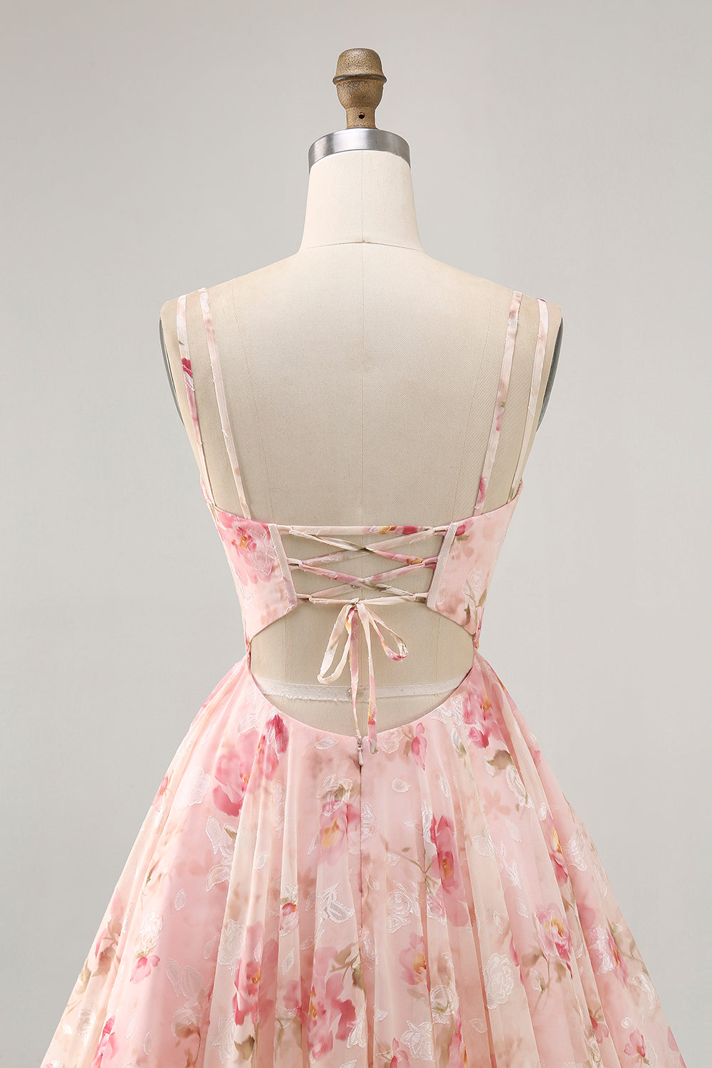 Blush Floral A Line Square Neck Corset Printed Homecoming Dress