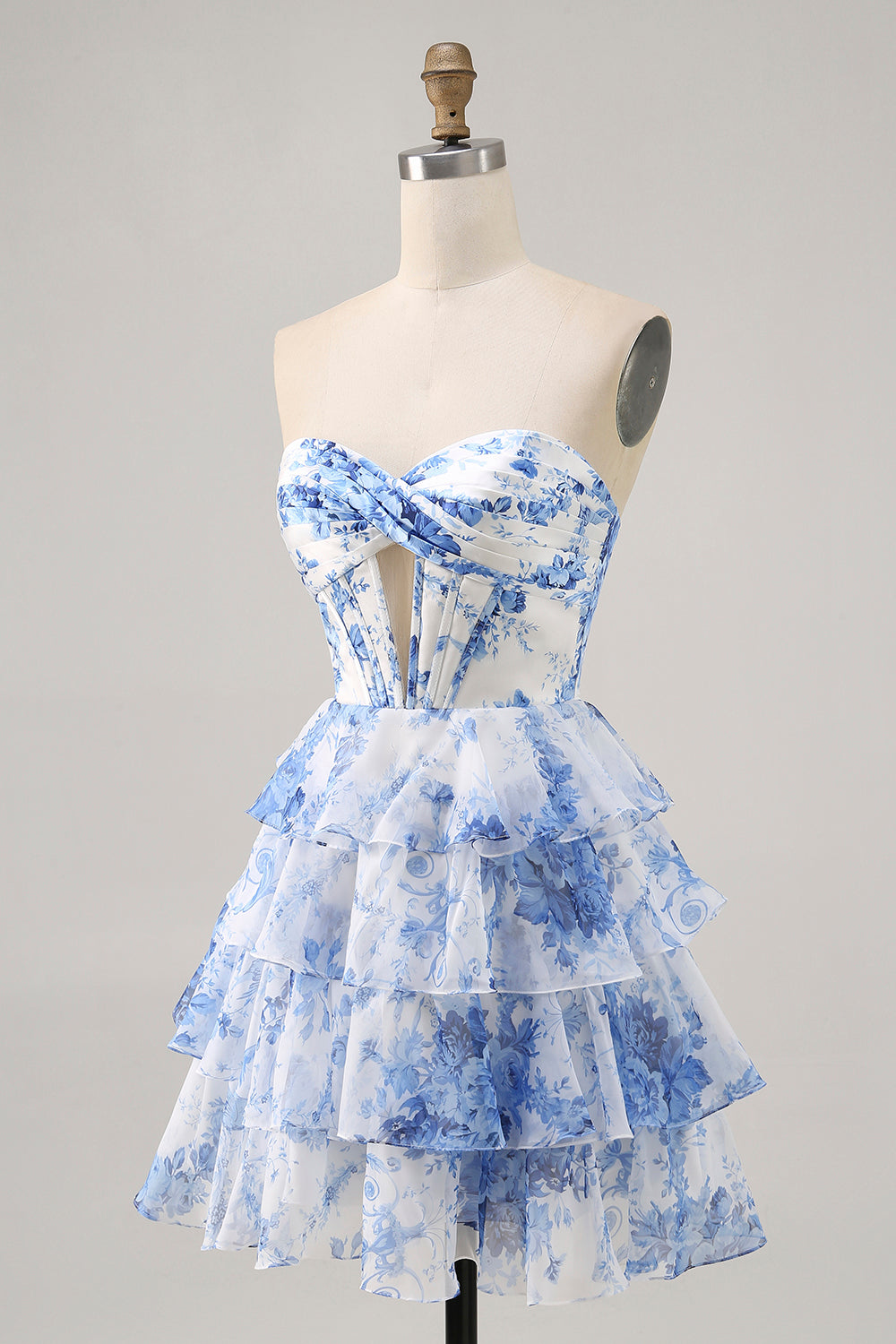Strapless White Blue Flower Corset Homecoming Dress