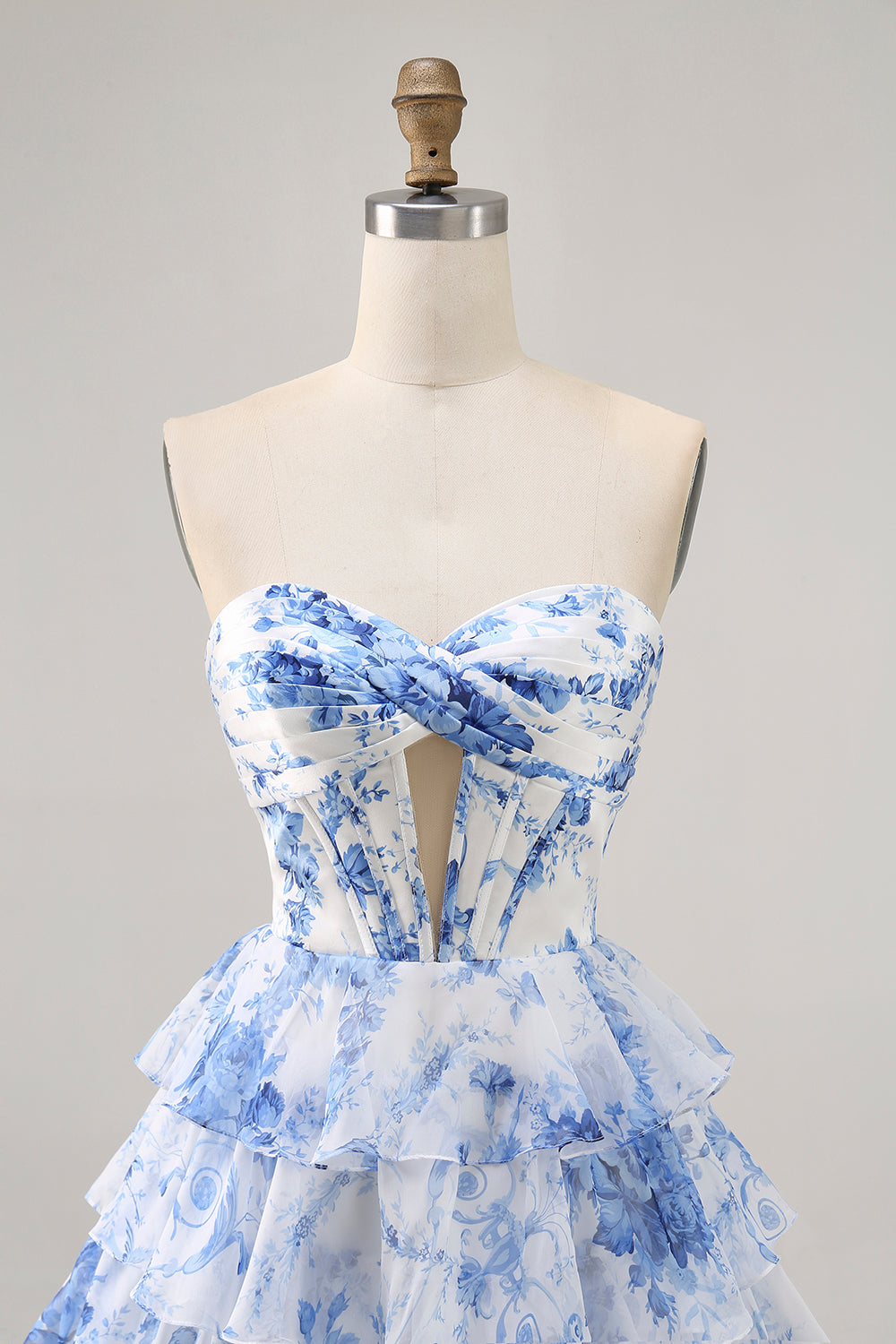 Strapless White Blue Flower Corset Homecoming Dress