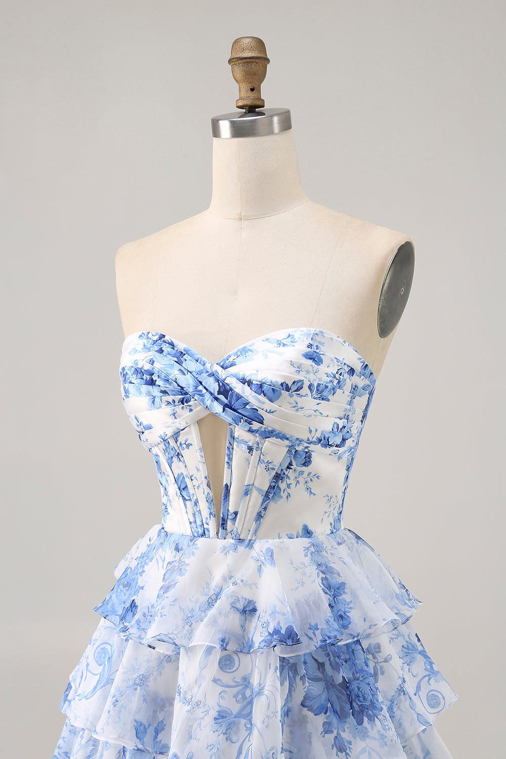Strapless White Blue Flower Corset Homecoming Dress