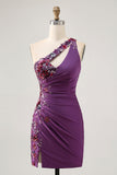 Dark Purple One Shoulder Bodycon Homecoming Dress with Appliques