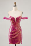 Sparkly Fuchsia Off The Shoulder Bodycon Sequin Homecoming Dress