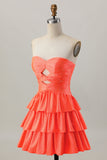 Orange Strapless Tiered A Line Cut Out Homecoming Dress with Beading