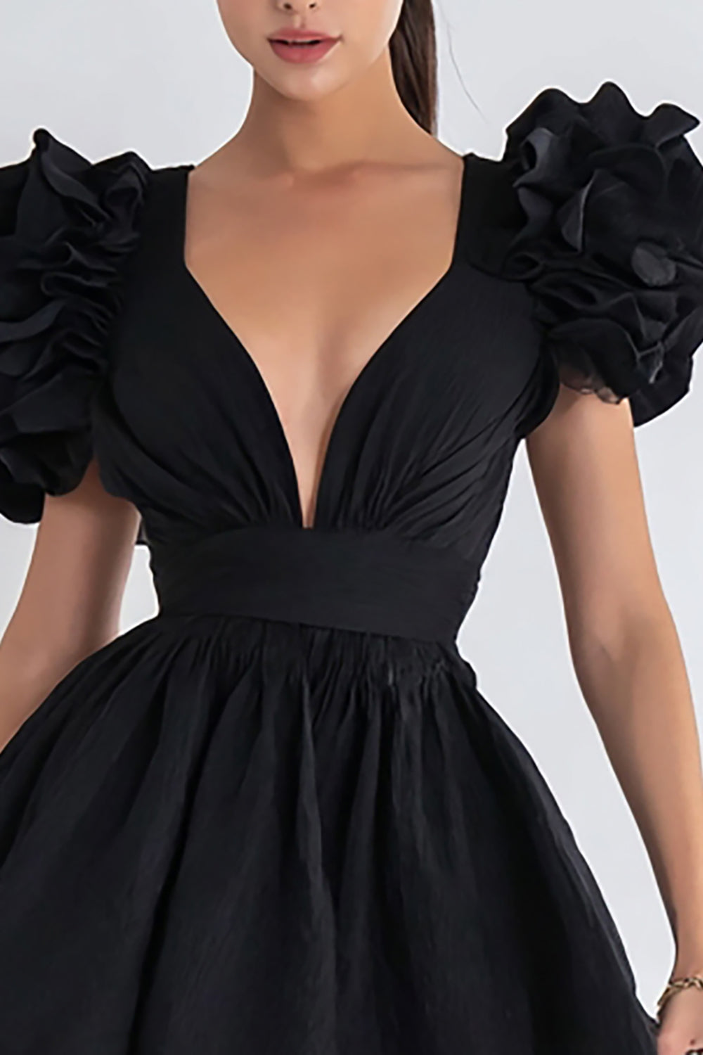 Simple A-Line V-Neck Little Black Dress with Ruffles Sleeves