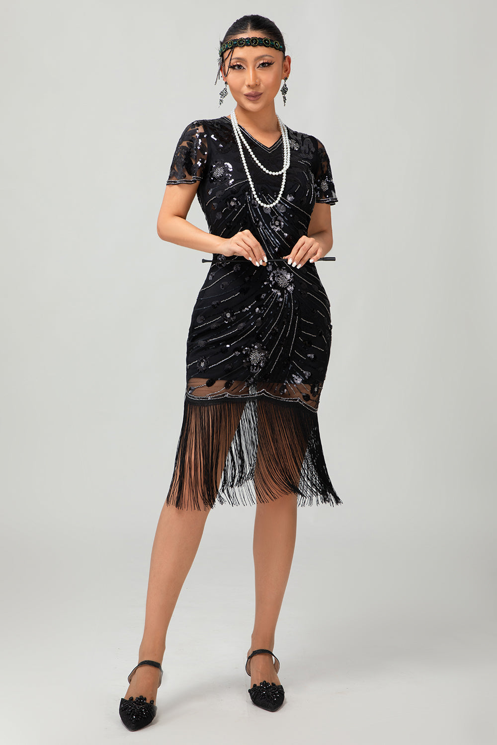 Black Gatsby Sequins 1920s Dress With Fringes