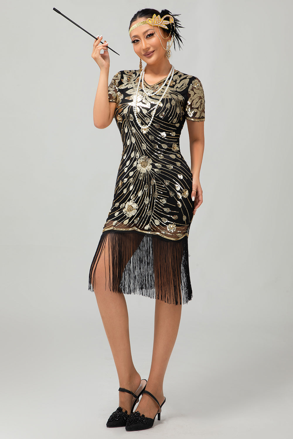 Black Red Fringed 1920s Sequin Flapper Dress