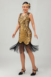 Sparkly Black Golden Bodycon Fringed1920s Dress With 5-Piece Accessories Set