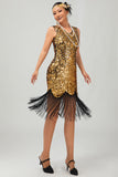 Sparkly Black Golden Bodycon Fringed1920s Dress With 5-Piece Accessories Set