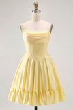 Yellow Strapless A-Line Corset Cocktail Dress with Beading