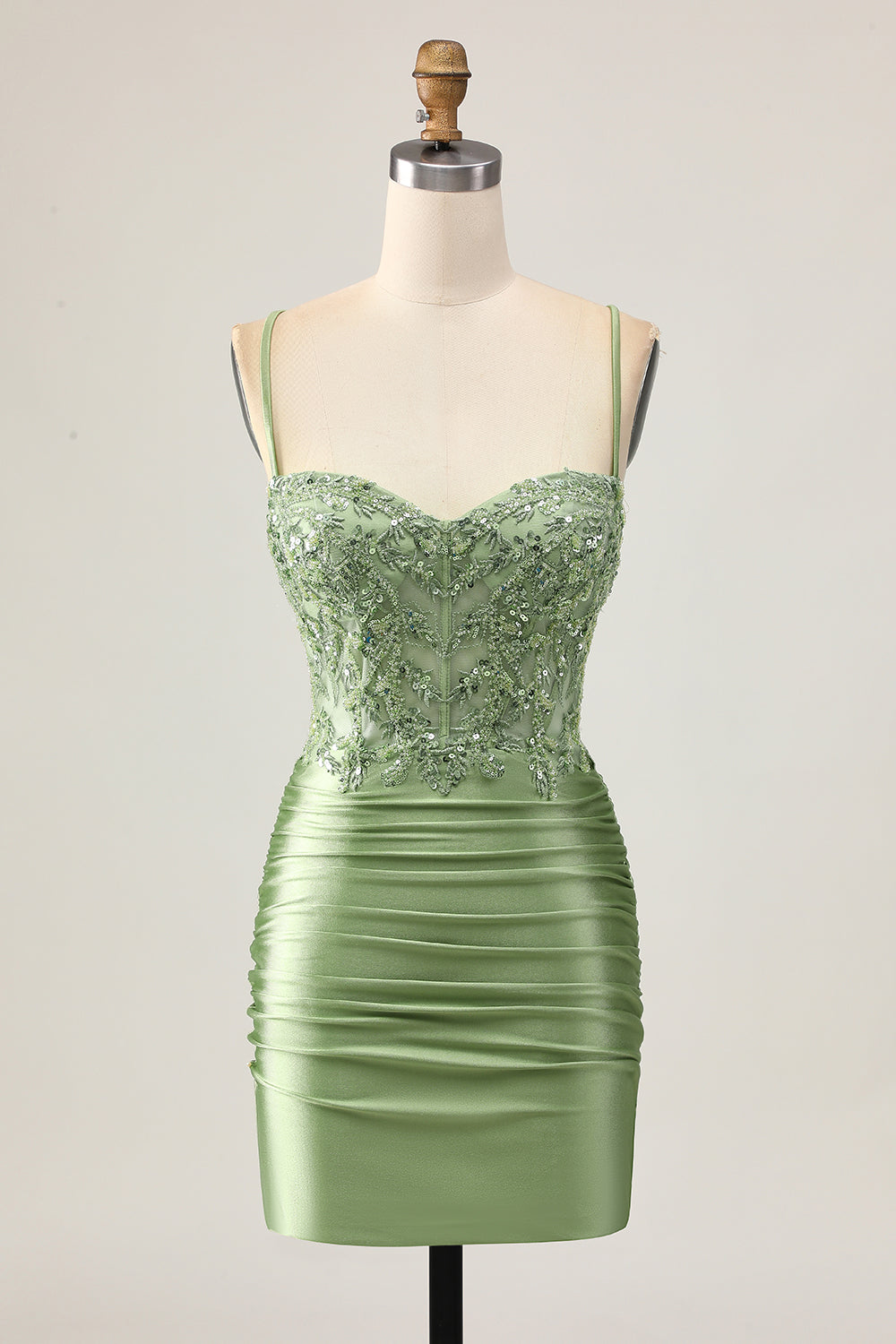 Bodycon Sequins Ruched Sage Green Short Cocktail Dress
