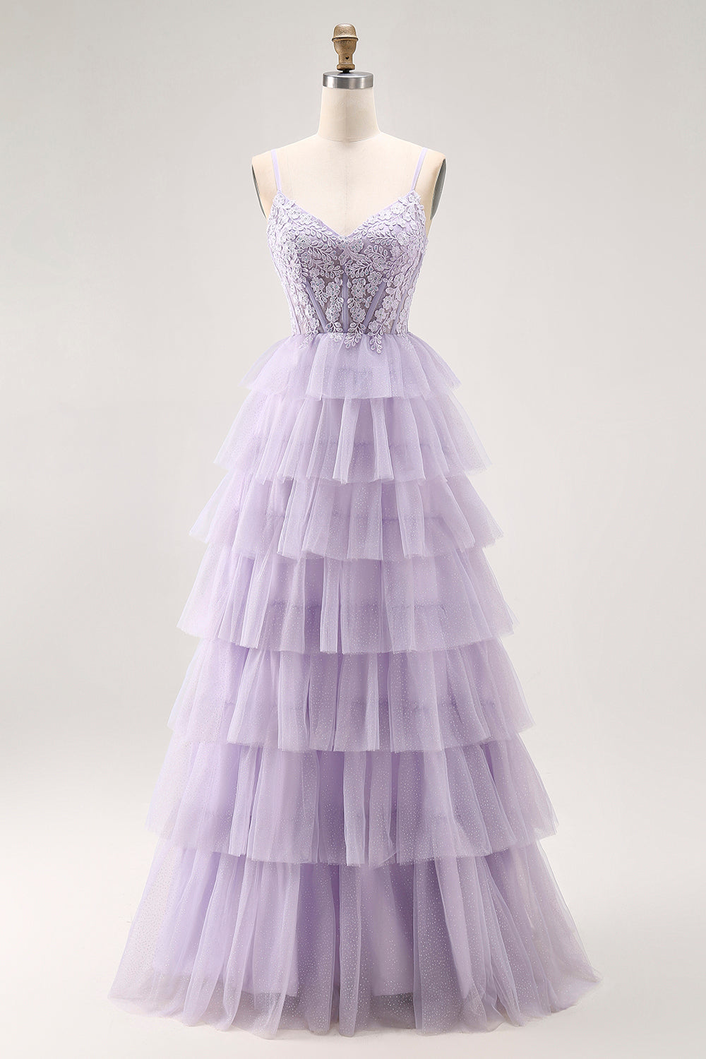 Lilac A Line Beaded Corset Tiered Long Prom Dress with Slit