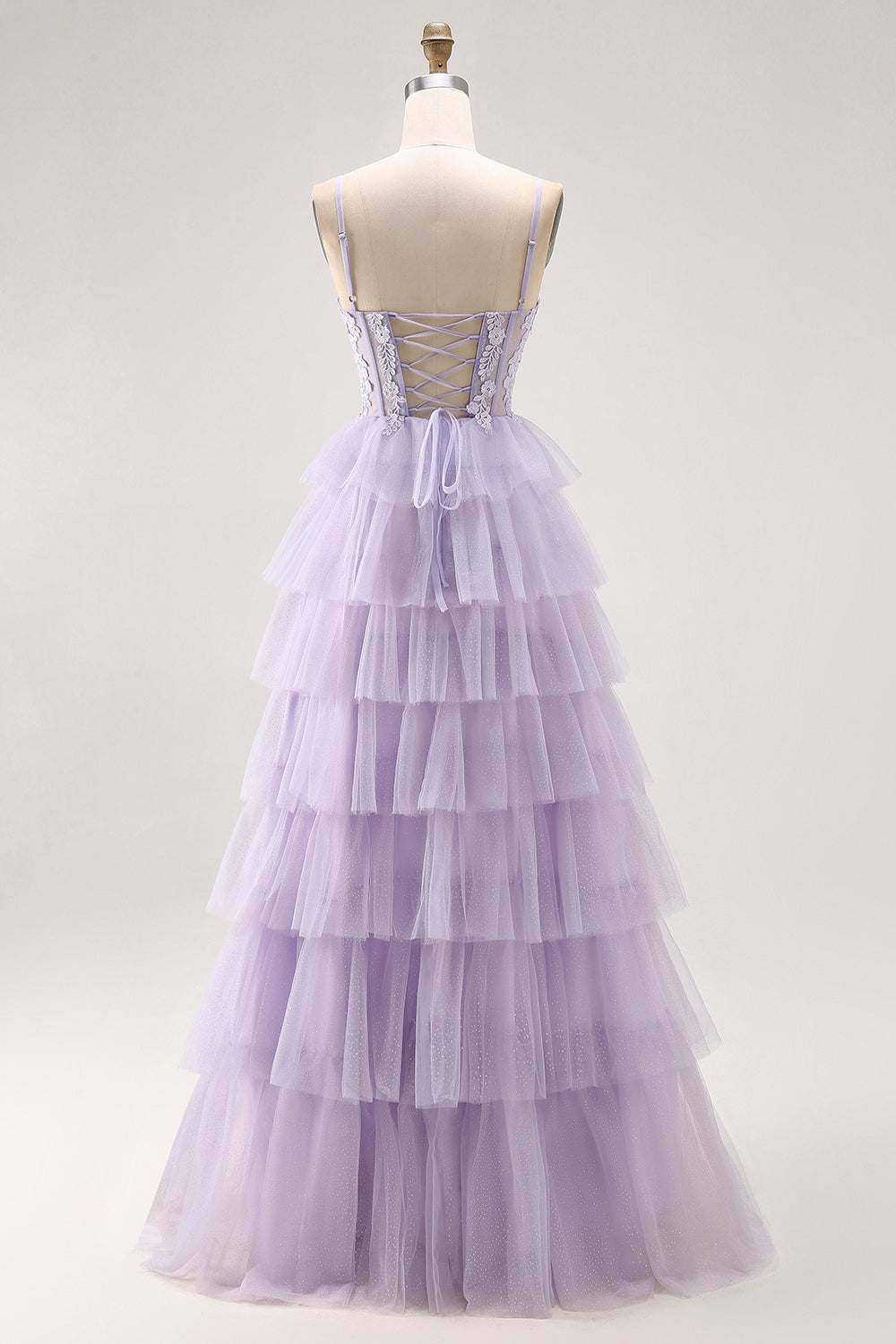 Lilac A Line Beaded Corset Tiered Long Prom Dress with Slit