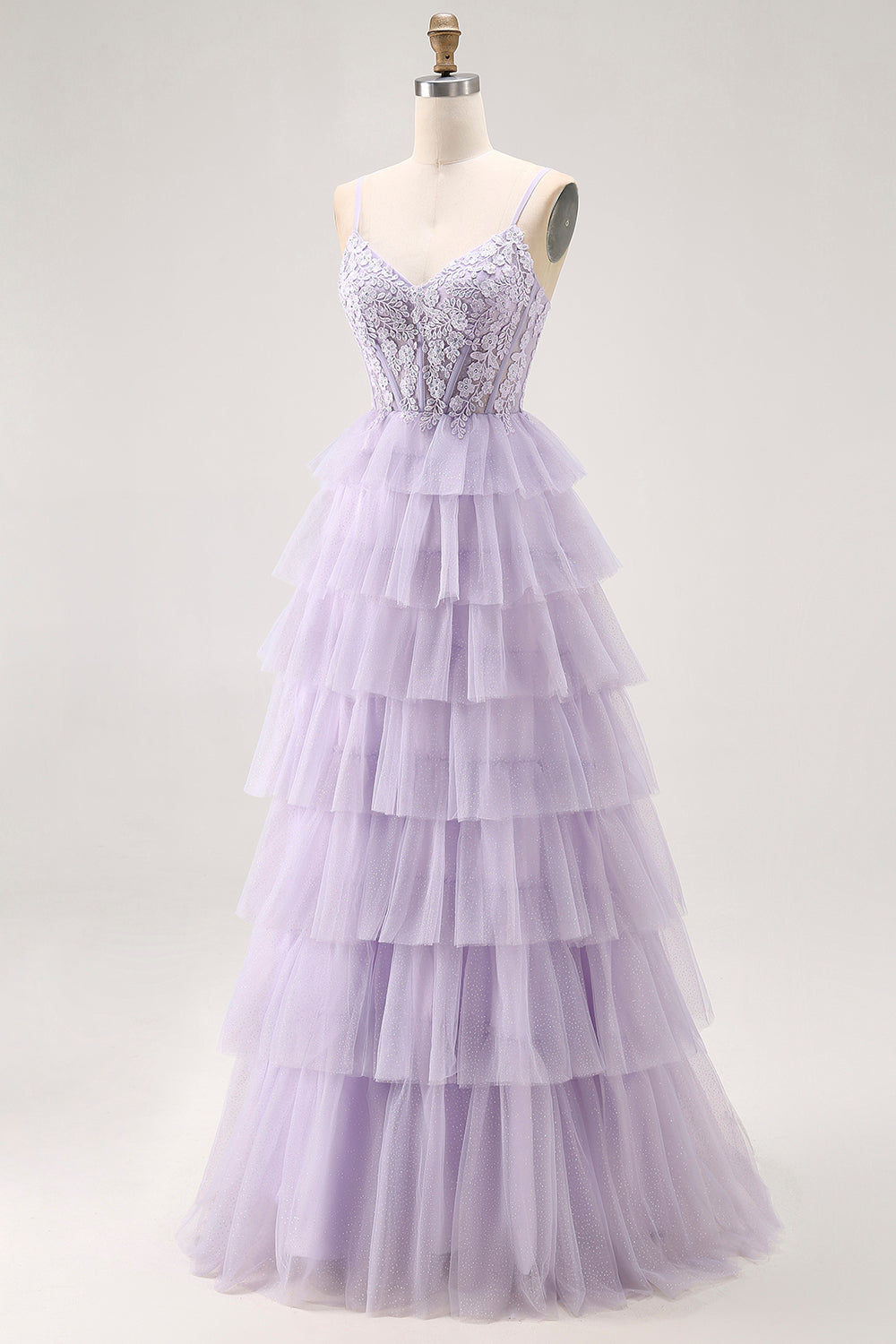 Lilac A Line Beaded Corset Tiered Long Prom Dress with Slit