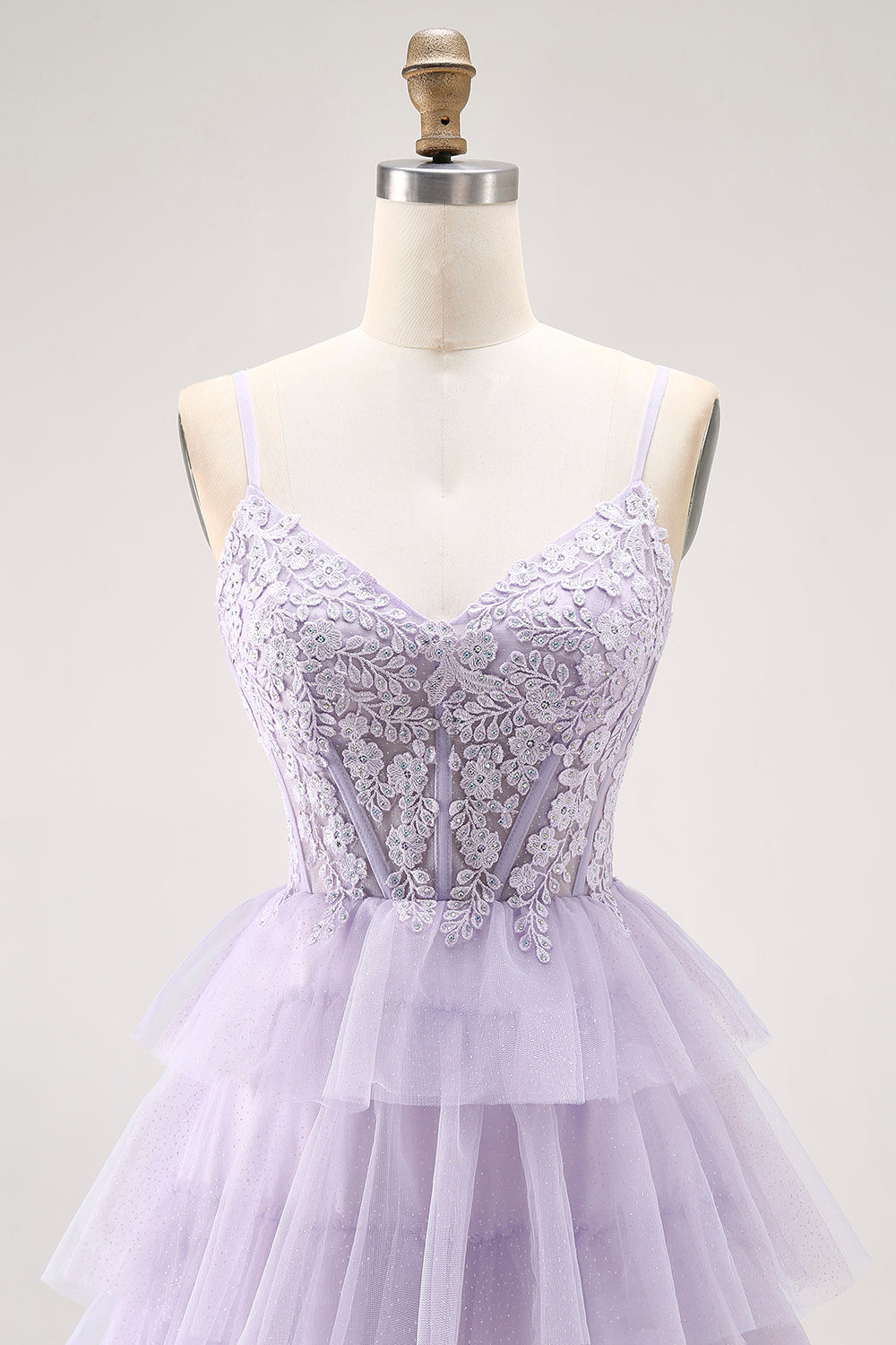 Lilac A Line Beaded Corset Tiered Long Prom Dress with Slit
