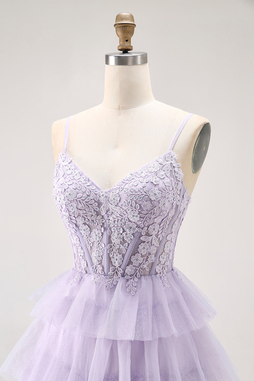 Lilac A Line Beaded Corset Tiered Long Prom Dress with Slit