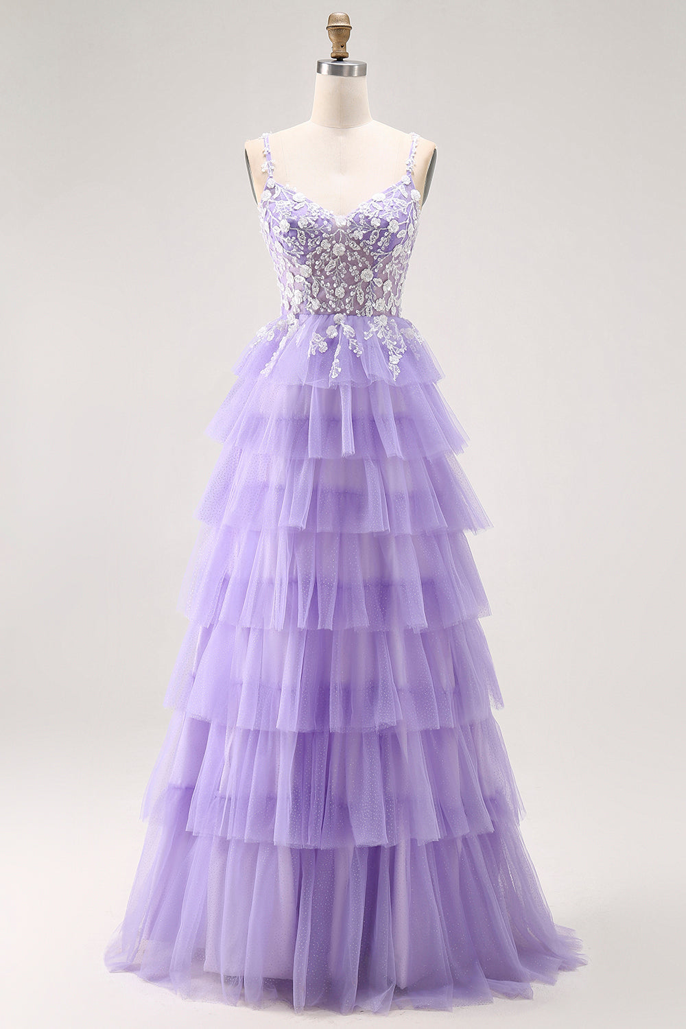 Purple A-Line Sequins Tulle Corset Tiered Long Prom Dress with Lace Up Back