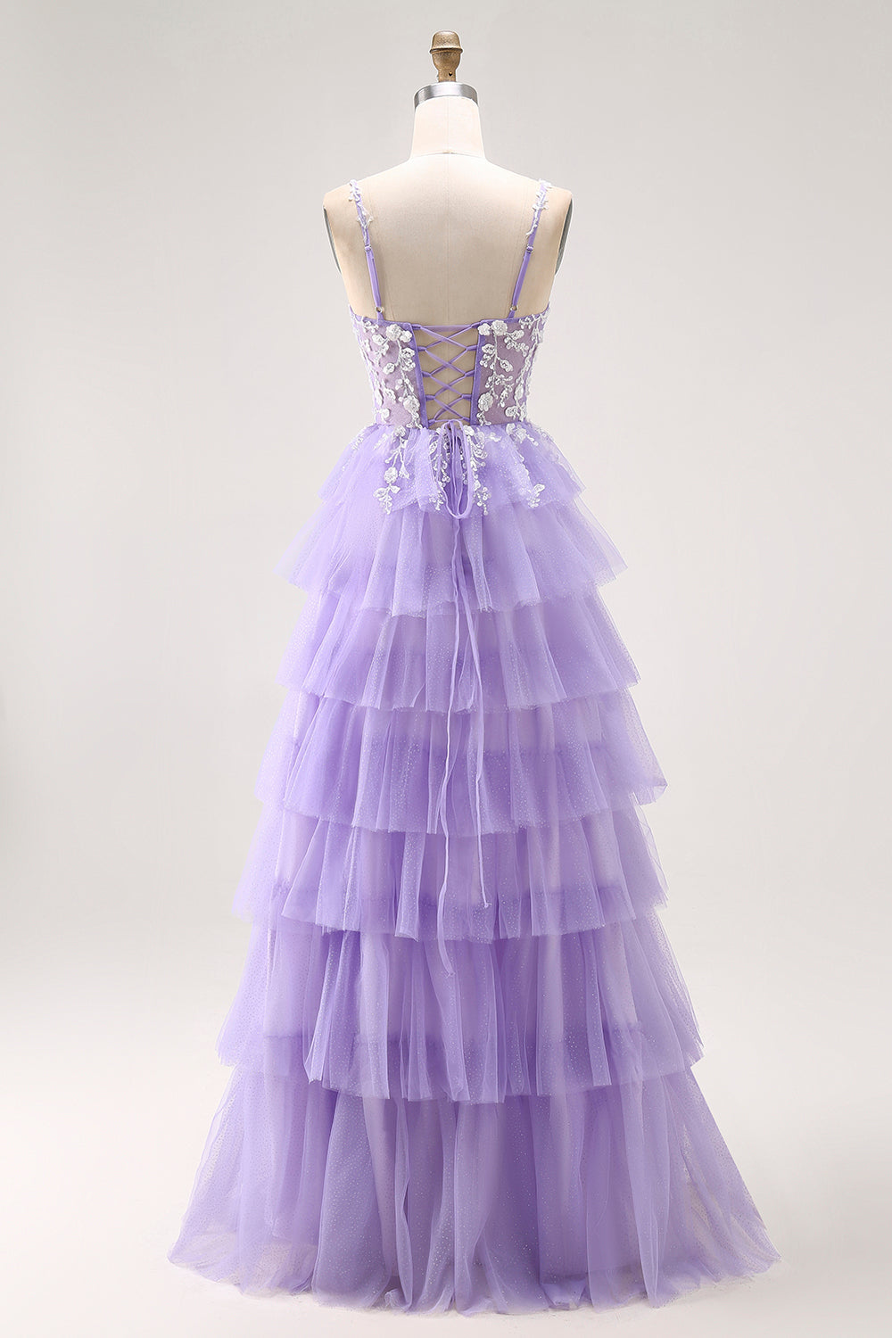 Purple A-Line Sequins Tulle Corset Tiered Long Prom Dress with Lace Up Back