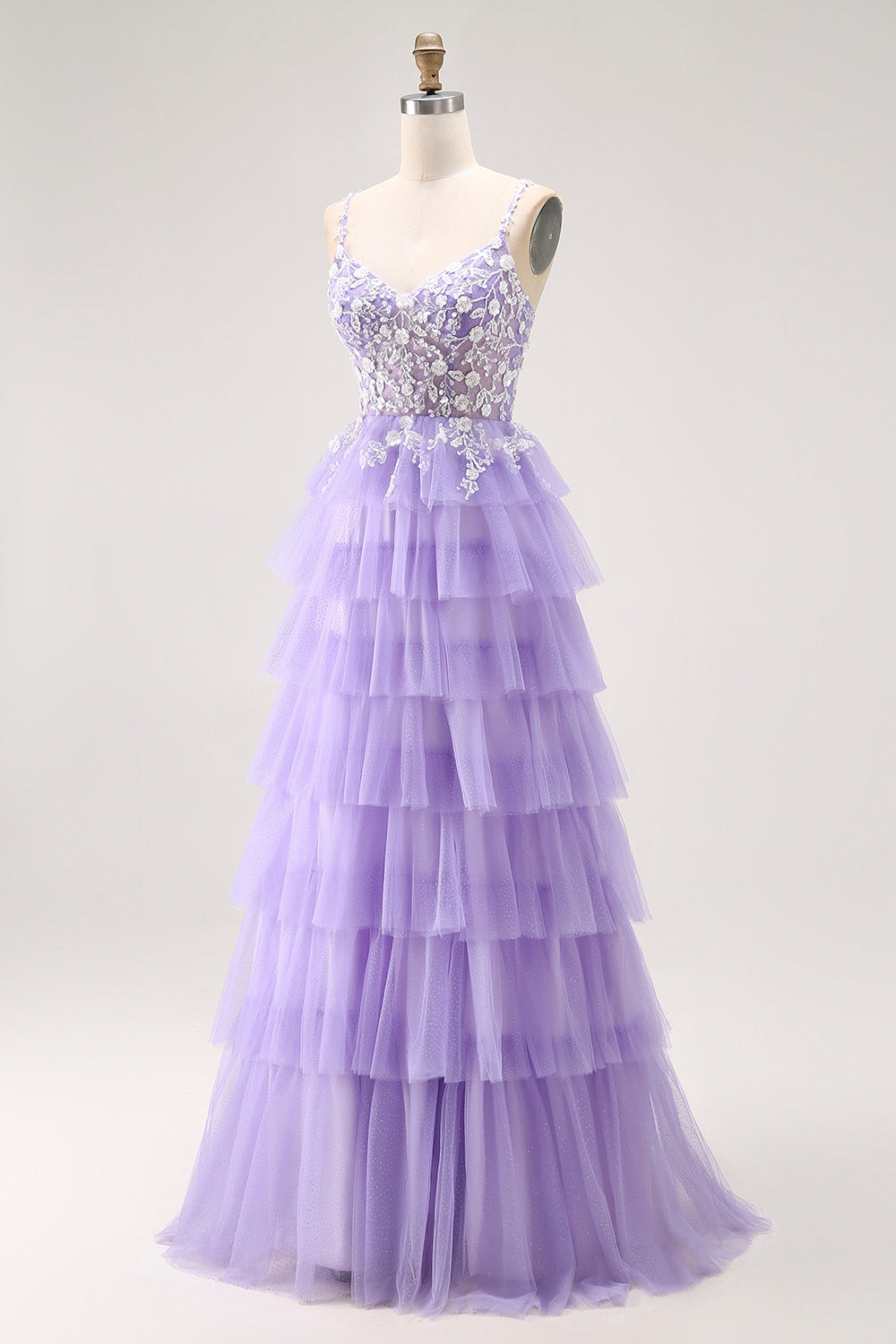 Purple A-Line Sequins Tulle Corset Tiered Long Prom Dress with Lace Up Back
