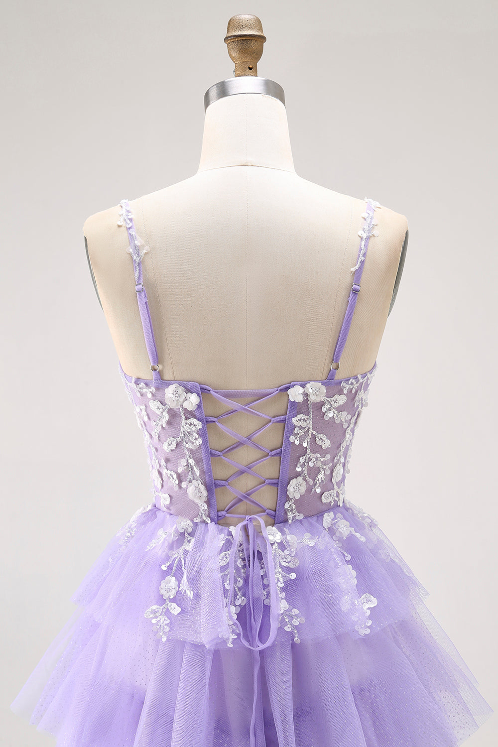 Purple A-Line Sequins Tulle Corset Tiered Long Prom Dress with Lace Up Back