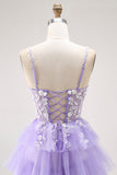 Purple A-Line Sequins Tulle Corset Tiered Long Prom Dress with Lace Up Back