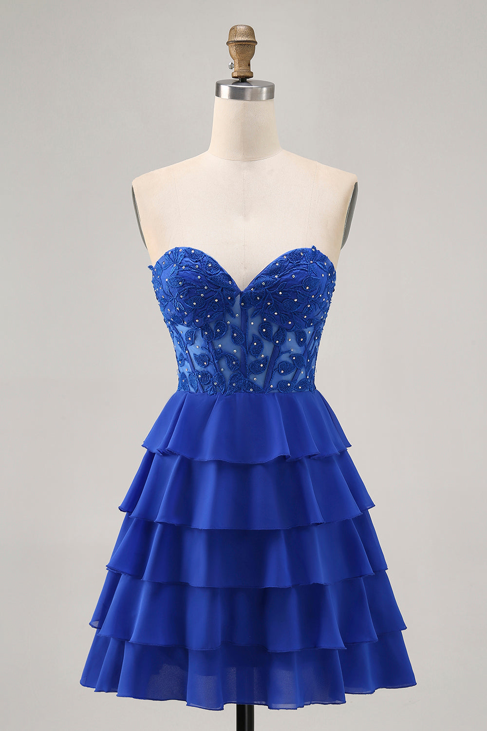 Strapless A-Line Beaded Tiered Royal Blue Cocktail Dress
