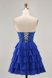 Strapless A-Line Beaded Tiered Royal Blue Cocktail Dress