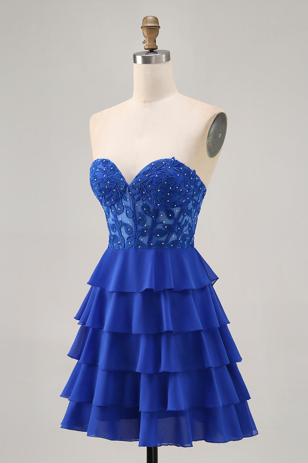 Strapless A-Line Beaded Tiered Royal Blue Cocktail Dress