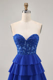 Strapless A-Line Beaded Tiered Royal Blue Cocktail Dress
