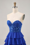 Strapless A-Line Beaded Tiered Royal Blue Cocktail Dress