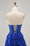 Strapless A-Line Beaded Tiered Royal Blue Cocktail Dress