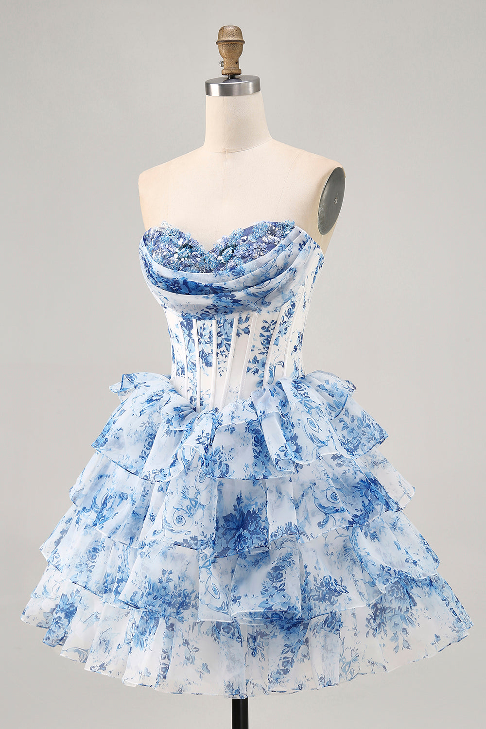 White Blue Flower A-Line Strapless Sequins Printed Cocktail Dress