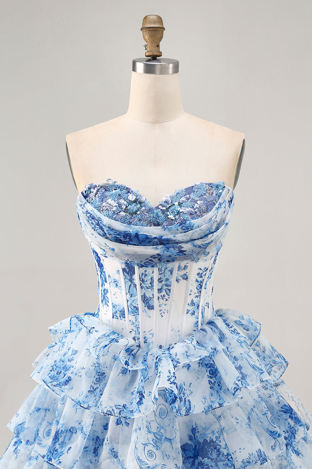 White Blue Flower A-Line Strapless Sequins Printed Cocktail Dress