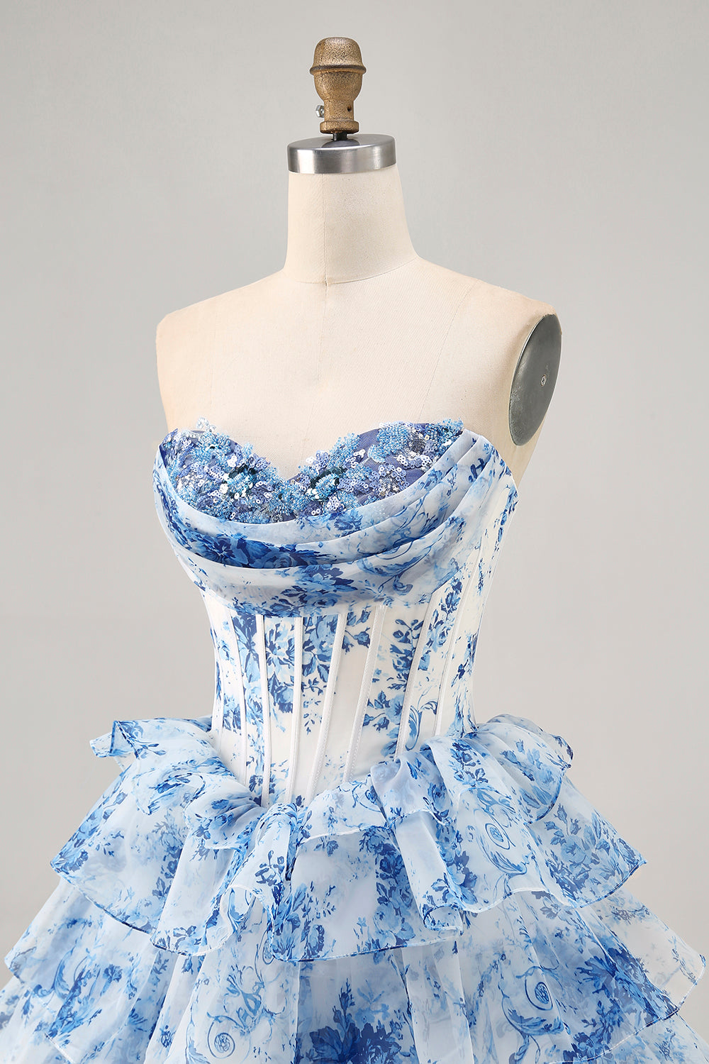 White Blue Flower A-Line Strapless Sequins Printed Cocktail Dress