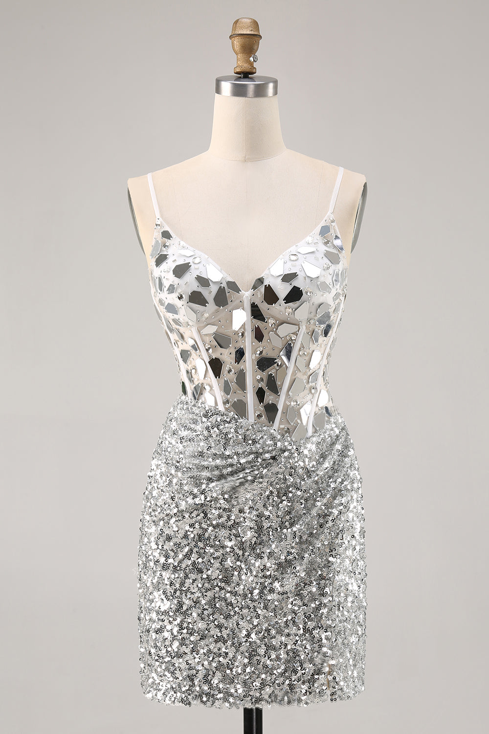 Corset Silver V Neck Bodycon Mirror Homecoming Dress