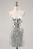 Corset Silver V Neck Bodycon Mirror Homecoming Dress