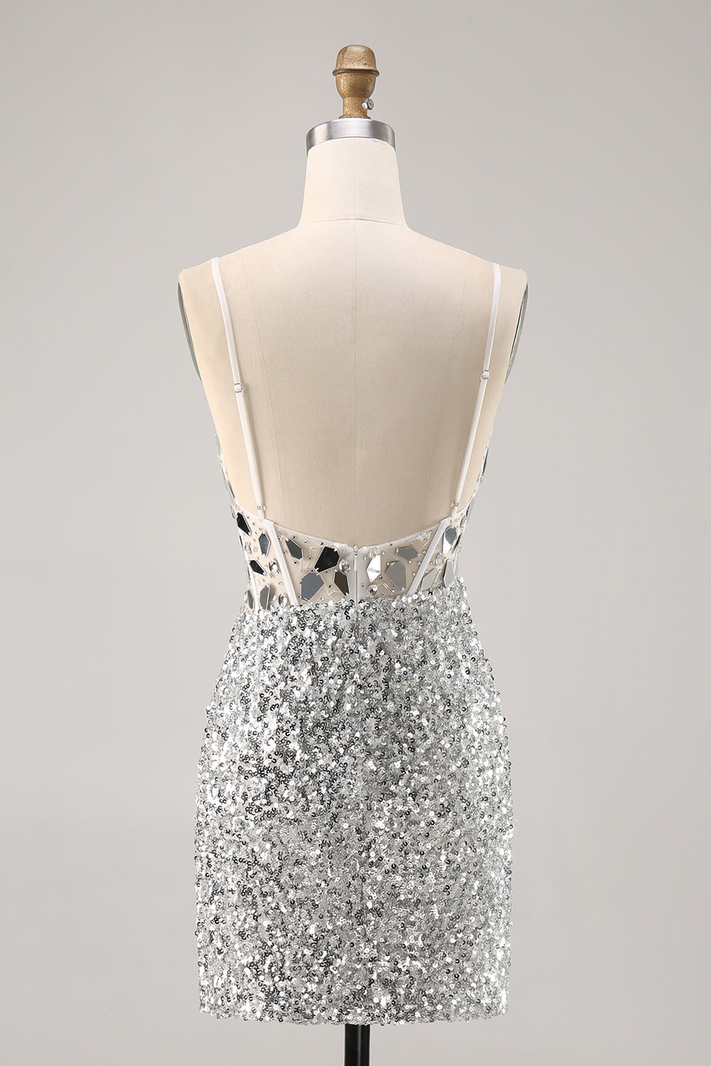 Corset Silver V Neck Bodycon Mirror Homecoming Dress