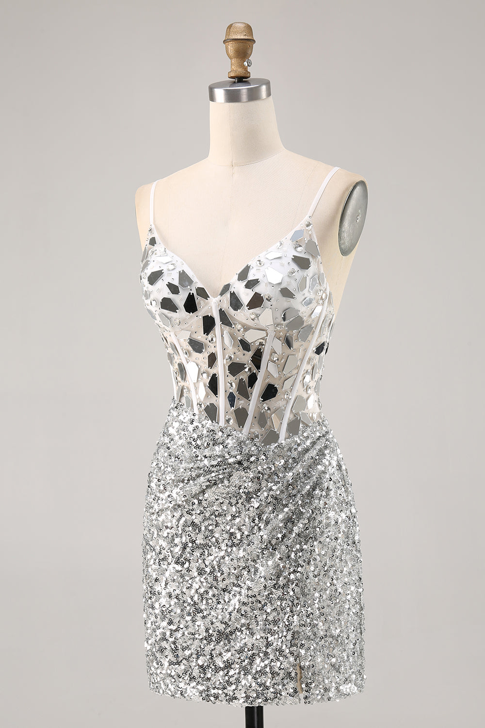 Corset Silver V Neck Bodycon Mirror Homecoming Dress