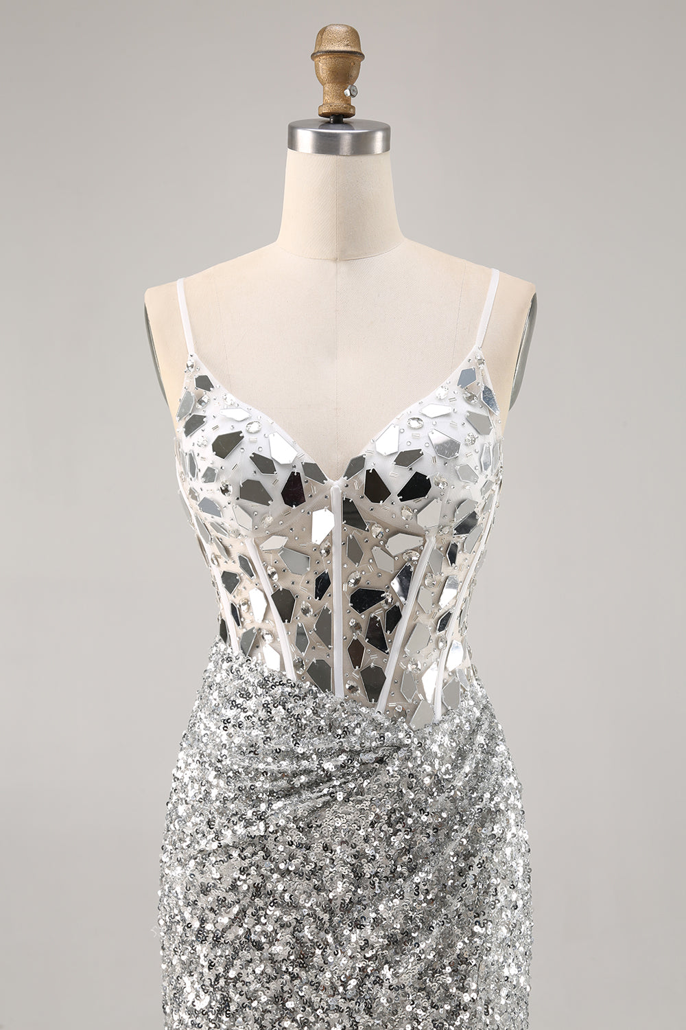 Corset Silver V Neck Bodycon Mirror Homecoming Dress
