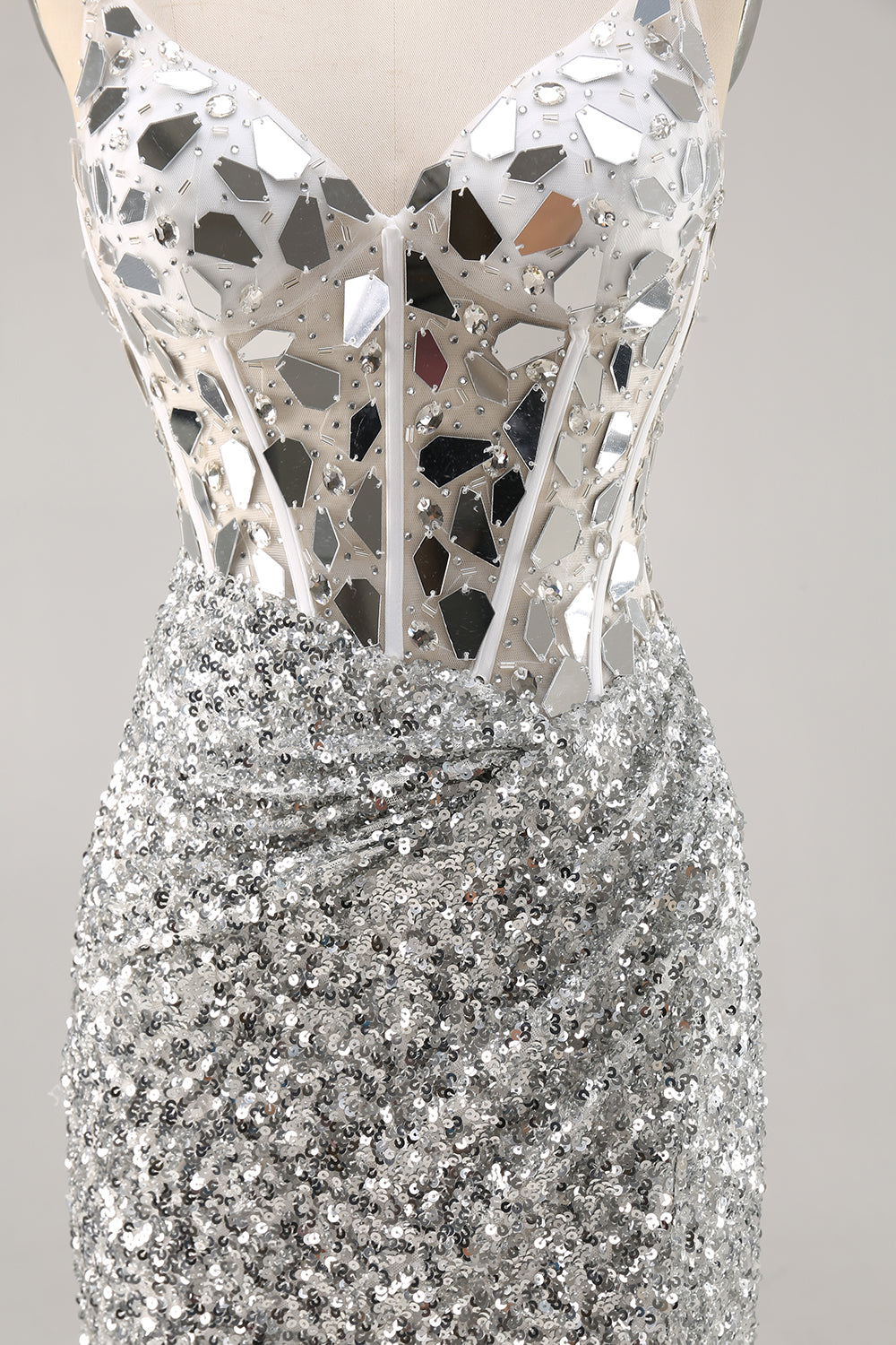 Corset Silver V Neck Bodycon Mirror Homecoming Dress