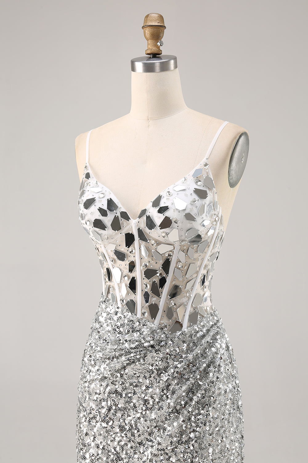Corset Silver V Neck Bodycon Mirror Homecoming Dress