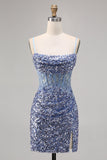 Corset Grey Blue Bodycon Sequin Homecoming Dress