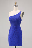 Royal Blue Bodycon Beaded One Shoulder Homecoming Dress
