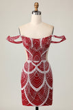 Off the Shoulder Bodycon Red Homecoming Dress with Sequins
