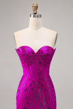 Strapless Fuchsia Bodycon Beaded Homecoming Dress