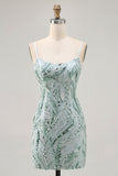 Green Bodycon Spaghetti Straps Beaded Short Ball Dress with Sequins