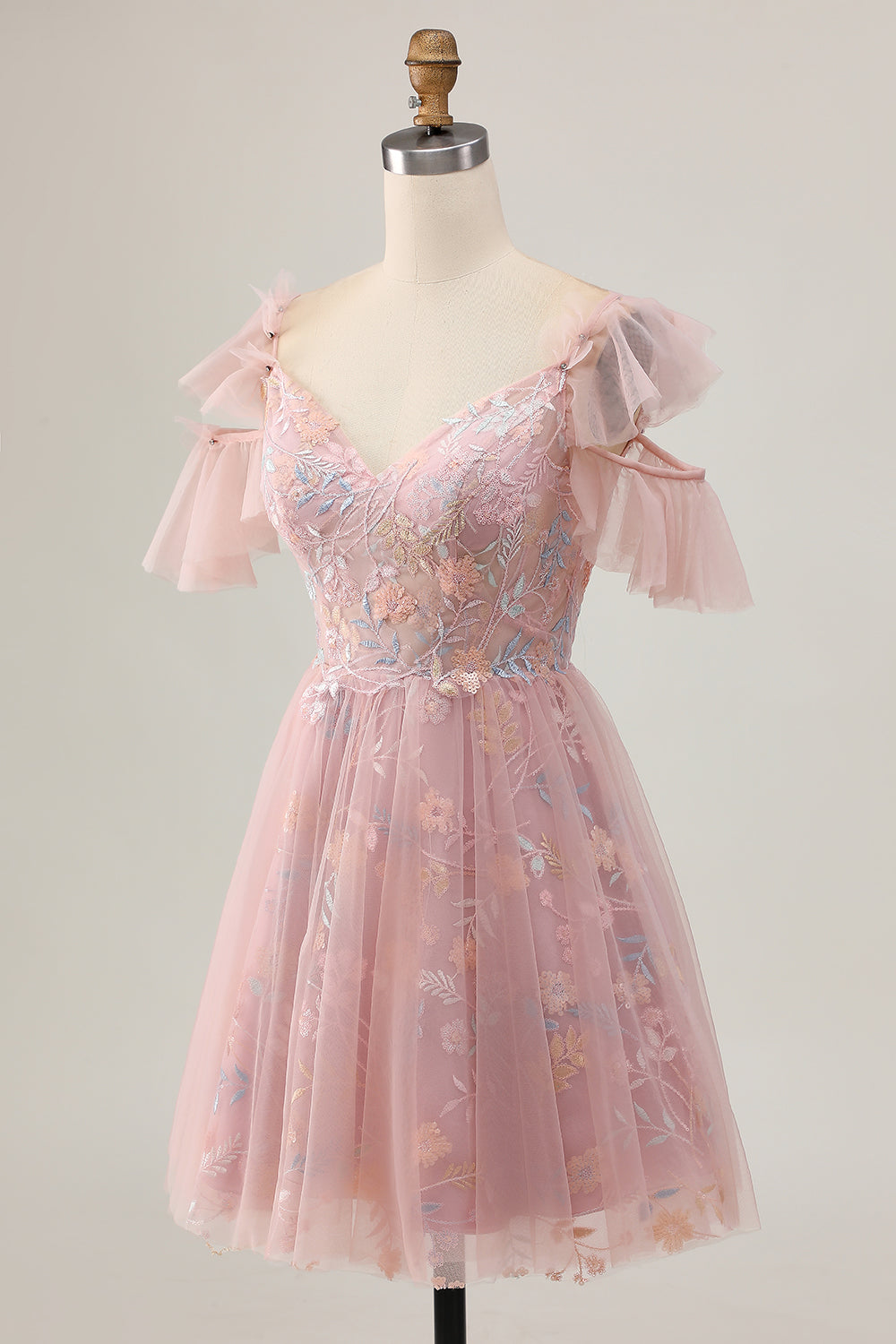 Blush A-Line Cold Shoulder Floral Short Cocktail Dress with Appliques