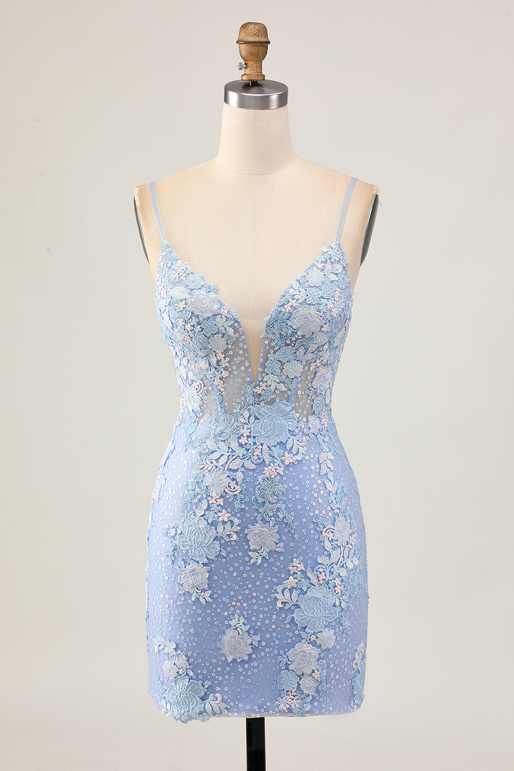 Light Blue Bodycon Floral Sequin Cocktail Dress with Appliques