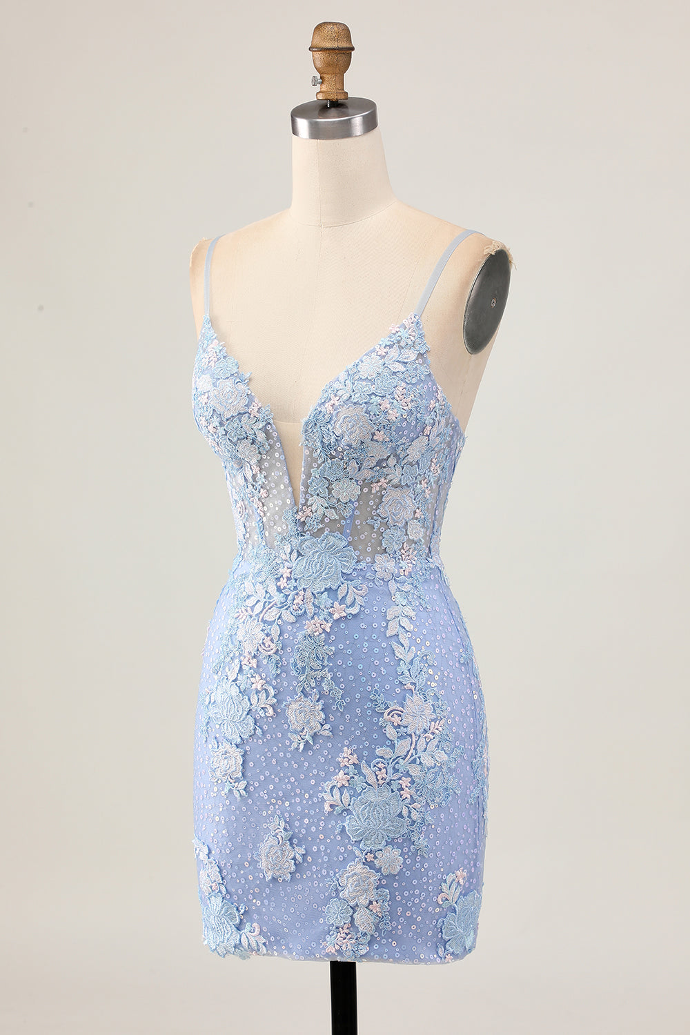 Light Blue Bodycon Floral Sequin Cocktail Dress with Appliques
