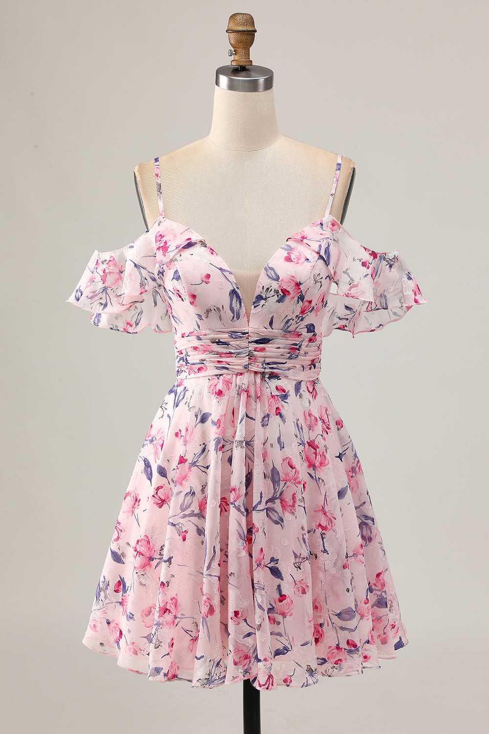 Pink Floral A Line Cold Shoulder Short Cocktail Dress